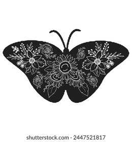 Flowers and butterfly design.. Floral butterfly silhouette set. Vector monochrome illustration isolated on a white background. Various moths with flower wings. Design for invitations, weddings