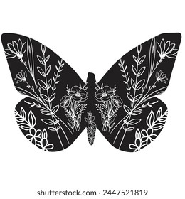 Flowers and butterfly design.. Floral butterfly silhouette set. Vector monochrome illustration isolated on a white background. Various moths with flower wings. Design for invitations, weddings