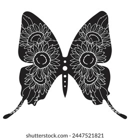 Flowers and butterfly design.. Floral butterfly silhouette set. Vector monochrome illustration isolated on a white background. Various moths with flower wings. Design for invitations, weddings