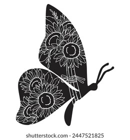 Flowers and butterfly design.. Floral butterfly silhouette set. Vector monochrome illustration isolated on a white background. Various moths with flower wings. Design for invitations, weddings