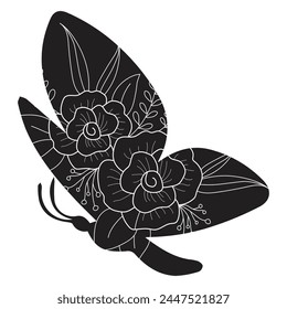Flowers and butterfly design.. Floral butterfly silhouette set. Vector monochrome illustration isolated on a white background. Various moths with flower wings. Design for invitations, weddings