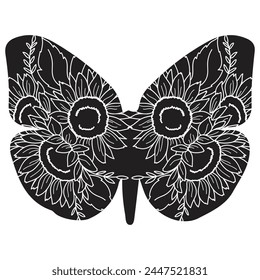 Flowers and butterfly design.. Floral butterfly silhouette set. Vector monochrome illustration isolated on a white background. Various moths with flower wings. Design for invitations, weddings