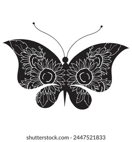 Flowers and butterfly design.. Floral butterfly silhouette set. Vector monochrome illustration isolated on a white background. Various moths with flower wings. Design for invitations, weddings