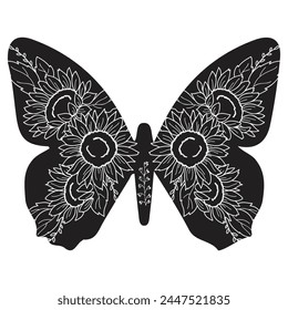 Flowers and butterfly design.. Floral butterfly silhouette set. Vector monochrome illustration isolated on a white background. Various moths with flower wings. Design for invitations, weddings