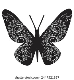 Flowers and butterfly design.. Floral butterfly silhouette set. Vector monochrome illustration isolated on a white background. Various moths with flower wings. Design for invitations, weddings