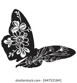 Flowers and butterfly design.. Floral butterfly silhouette set. Vector monochrome illustration isolated on a white background. Various moths with flower wings. Design for invitations, weddings