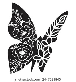 Flowers and butterfly design.. Floral butterfly silhouette set. Vector monochrome illustration isolated on a white background. Various moths with flower wings. Design for invitations, weddings