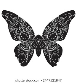 Flowers and butterfly design.. Floral butterfly silhouette set. Vector monochrome illustration isolated on a white background. Various moths with flower wings. Design for invitations, weddings