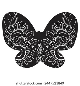 Flowers and butterfly design.. Floral butterfly silhouette set. Vector monochrome illustration isolated on a white background. Various moths with flower wings. Design for invitations, weddings