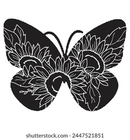 Flowers and butterfly design.. Floral butterfly silhouette set. Vector monochrome illustration isolated on a white background. Various moths with flower wings. Design for invitations, weddings