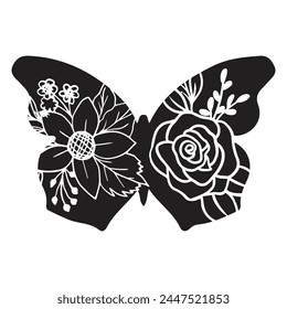 Flowers and butterfly design.. Floral butterfly silhouette set. Vector monochrome illustration isolated on a white background. Various moths with flower wings. Design for invitations, weddings