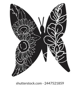 Flowers and butterfly design.. Floral butterfly silhouette set. Vector monochrome illustration isolated on a white background. Various moths with flower wings. Design for invitations, weddings