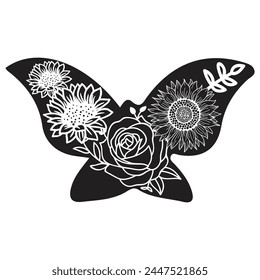 Flowers and butterfly design.. Floral butterfly silhouette set. Vector monochrome illustration isolated on a white background. Various moths with flower wings. Design for invitations, weddings