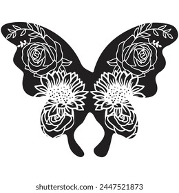 Flowers and butterfly design.. Floral butterfly silhouette set. Vector monochrome illustration isolated on a white background. Various moths with flower wings. Design for invitations, weddings