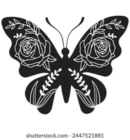 Flowers and butterfly design.. Floral butterfly silhouette set. Vector monochrome illustration isolated on a white background. Various moths with flower wings. Design for invitations, weddings