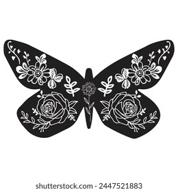 Flowers and butterfly design.. Floral butterfly silhouette set. Vector monochrome illustration isolated on a white background. Various moths with flower wings. Design for invitations, weddings