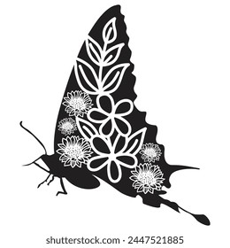 Flowers and butterfly design.. Floral butterfly silhouette set. Vector monochrome illustration isolated on a white background. Various moths with flower wings. Design for invitations, weddings