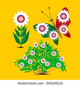 Flowers and butterfly, isolated vector image