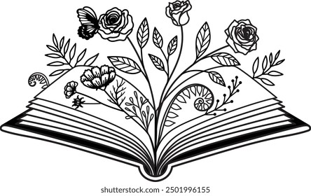 Flores y mariposas en pilas de libros abiertos con trazos editables. Ilustración vectorial.