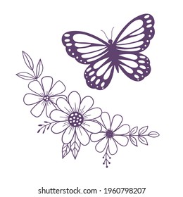 Flowers and butterfly. Outline drawing. Line vector illustration isolated on white background. Design for invitations, wedding or greeting cards.