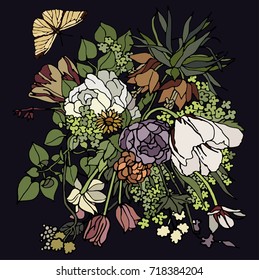 Flowers and butterfly patches elements. Set of stickers, pins, patches and handwritten notes collection in cartoon 80s-90s comic style.Vector stikers kit
