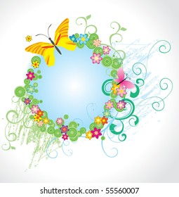 flowers and butterfly round frame