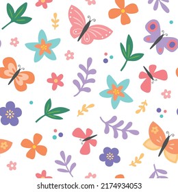 Flores y fondo vectorial de la mariposa. Patrón floral de resorte sin soles. Textil de verano, papel pintado, ilustración, tela de jardín, diseño de papel envolvente
