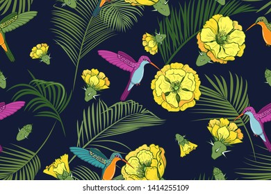 

Flowers of cactus, hummingbirds and palm leaves. Hand drawn seamless pattern of exotic nature. Vector texture on a dark blue background.
