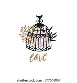 Flowers and cage, vector floral design. Gold and black. Branches and peony on white background