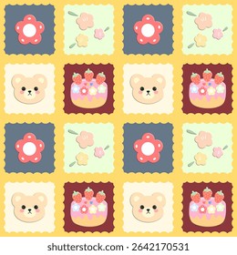 Flowers cake  bears on Fabric pattern, yellow checkered pattern, gift wrapping paper , seamless pattern 