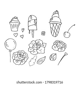 Flowers and cakes. Linear drawing. Vector illustration.