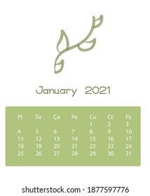flowers calender January 2021 on the white background