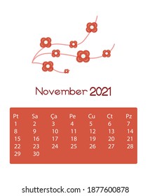 flowers calender November 2021 on the white background