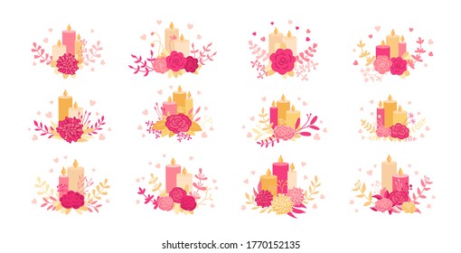 Flowers with candles branch set. Romantic decor. Rose leaves, branches. Wedding concept, vintage flowers. Abstract floral poster, cartoon invite. Greeting card, invitation design. Vector illustration