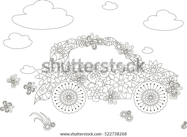 Flowers car, adult coloring page anti-stress\
stock vector\
illustration