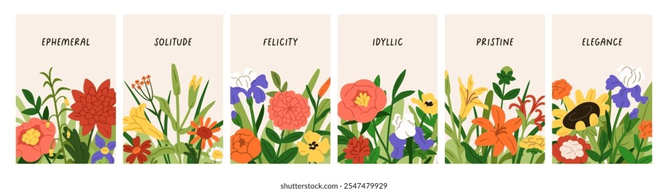 Flowers, card designs set. Floral botanical postcards, nature backgrounds with garden blossoms, gentle delicate blooms. Beautiful botany posters, vertical backdrops. Flat vector illustration