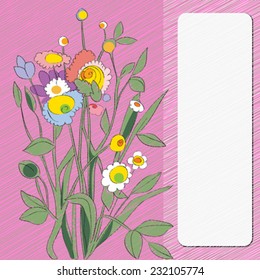 Flowers card, multicolored hand drawn illustration of a floral bouquet over a scribbled background