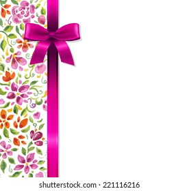 Flowers Card With Ribbon, With Gradient Mesh, Vector Illustration