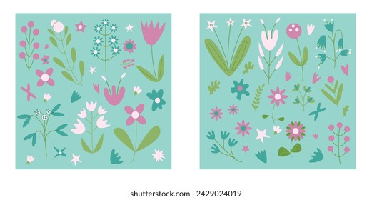 Flowers card set. Floral elements. Vector flat illustration.