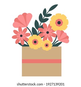 Flores en una caja de cartón.Ilustración vectorial