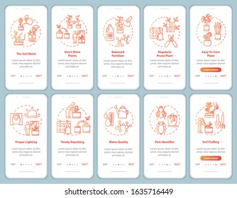 Flowers caring onboarding mobile app page screen with concepts. Greenhouse lighting. Plants growing walkthrough steps graphic instructions. UI vector template with RGB color illustrations