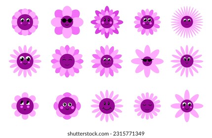 Flowers with cartoon funny smiling faces. Groovy flower cartoon characters. Funny happy daisy with eyes and smile. Kids logo design with daisies vector set.