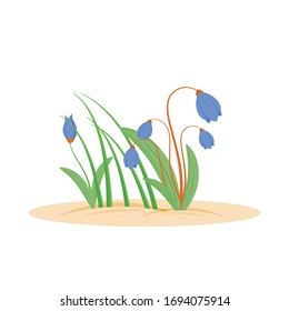 Flowers cartoon vector illustration. Spring fresh grass. Bloomin herbs in garden. Green lawn growing from ground. Bellflower flat color object. Growing grass isolated on white background