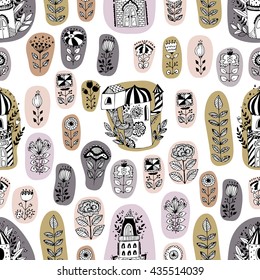 Flowers and castles hand drawn vector seamless pattern