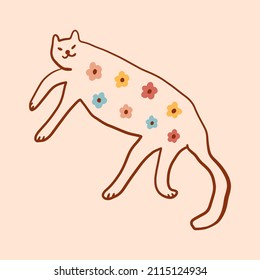 Flowers cat groovy cute comic character boho doodle modern art print funny handdrawn childish cartoon funky trendy style vector illustration clipart
