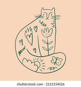 Flowers cat groovy cute comic character boho doodle modern art print funny handdrawn childish cartoon funky trendy style vector illustration clipart