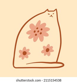 Flowers cat groovy cute comic character boho doodle modern art print funny handdrawn childish cartoon funky trendy style vector illustration clipart