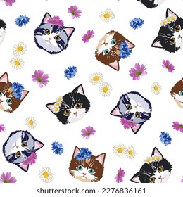 Flowers and cats in a pattern.Vector pattern with cats and flowers on a transparent background.