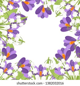 Flowers in ceramic basket. Purple Crocus and white Convallaria majalis. Green flower pattern, grass. Flat vector illustration on white background.
