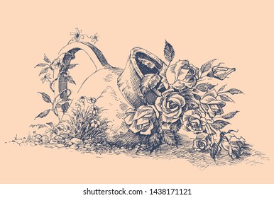 Flowers in ceramic pot in the garden vector hand drawing